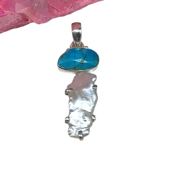 Sleeping Beauty Turquoise Freshwater Pearl Necklace Pendant 925 Sterling Silver - Picture 2 of 4